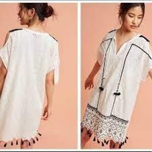 Anthropologie Hemant & Nandita Aditya Eyelet Tassel Tunic Dress White Medium